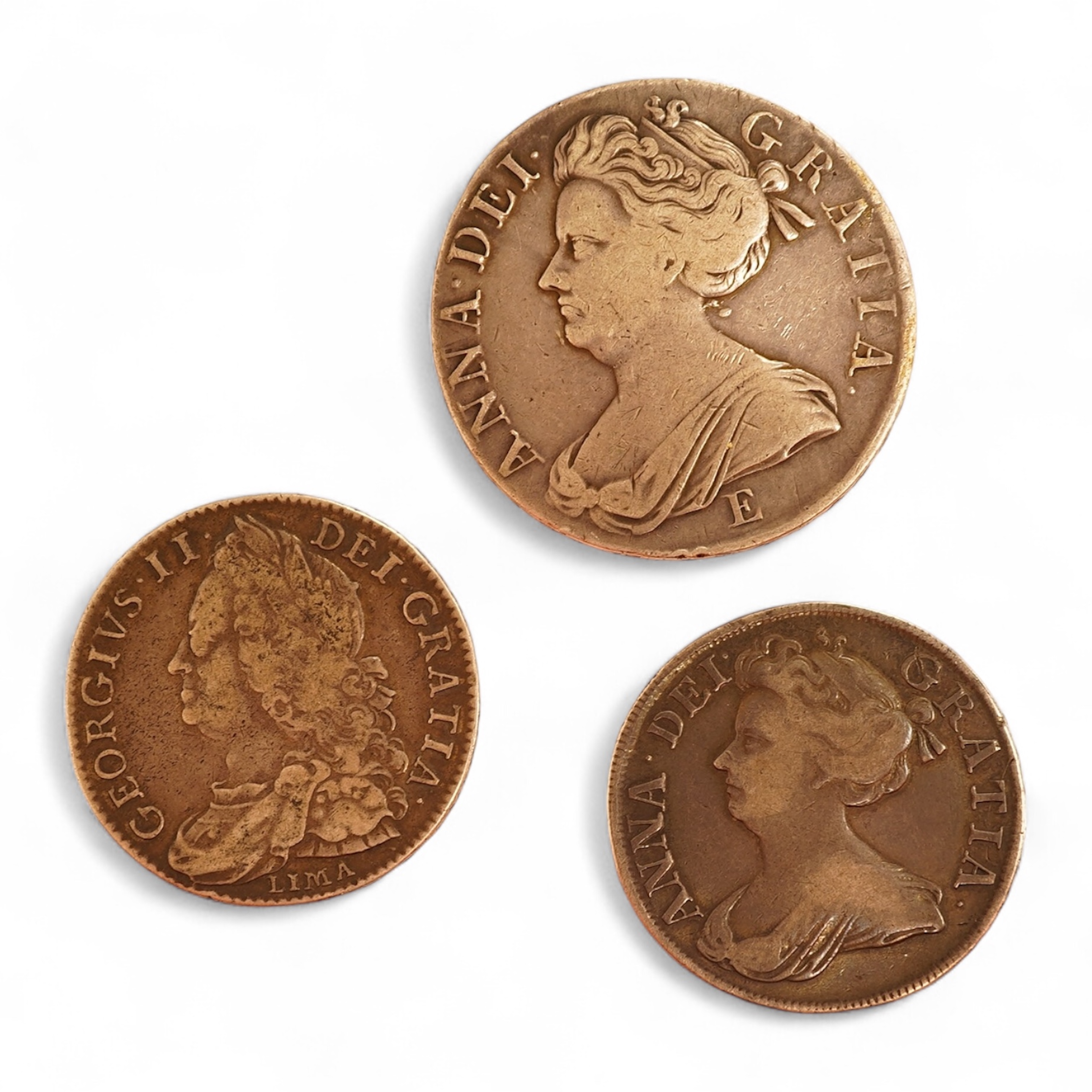 British silver coins, Anne (1702-1714), crown, 1707E, fine or better, halfcrown, 1712, fine or better, George II (1727-1760) halfcrown, 1746 Lima, near VF